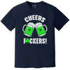 Navy St. Patrick’s Day “Cheers Fuckers!” t-shirt flat lay with clinking green beer mugs and playful shamrock detail