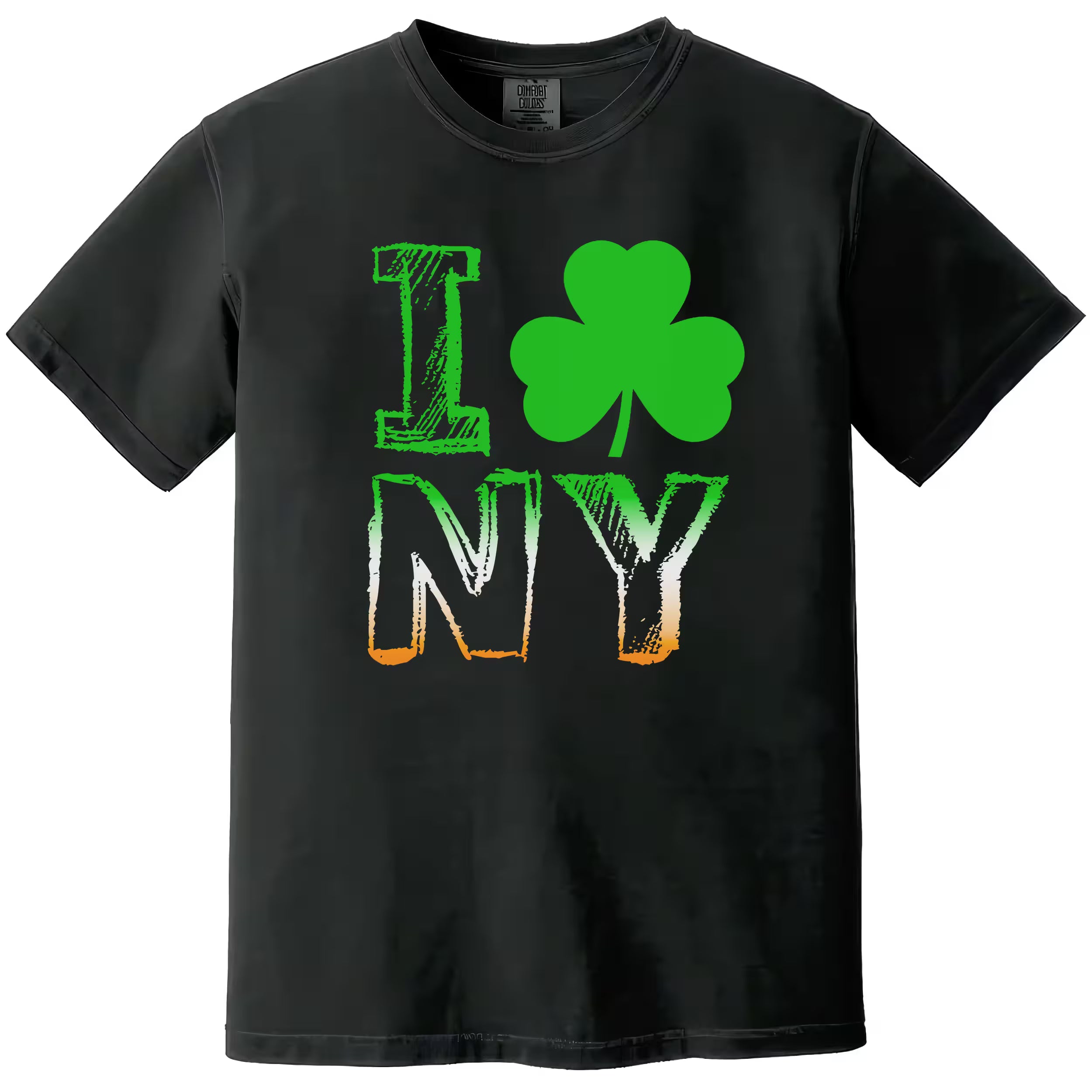 Black I Shamrock NY St. Patrick’s Day t-shirt flat lay featuring classic New York style lettering with shamrock heart design