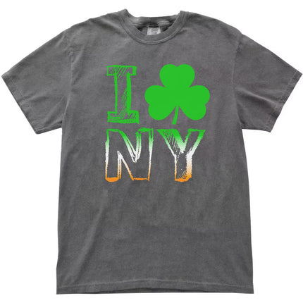 Gray I Shamrock NY St. Patrick’s Day t-shirt flat lay highlighting classic NYC lettering with Irish shamrock twist