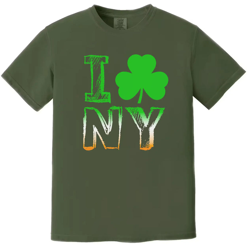 Green I Shamrock NY St. Patrick’s Day t-shirt flat lay showcasing bold city-inspired lettering and festive shamrock detail