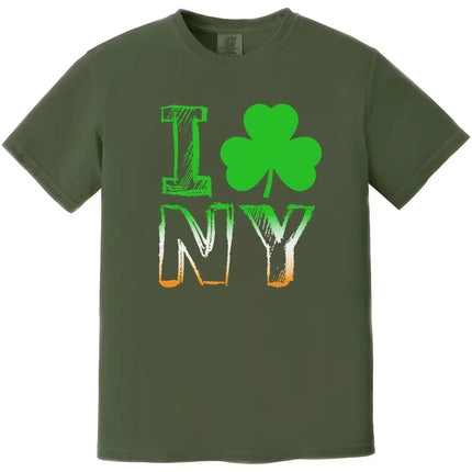 Green I Shamrock NY St. Patrick’s Day t-shirt flat lay showcasing bold city-inspired lettering and festive shamrock detail