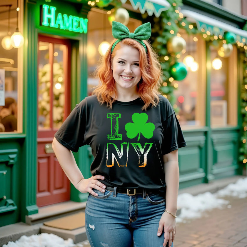 Female model wearing black I Shamrock NY St. Patrick’s Day t-shirt standing outside in front of an Irish pub celebrating the holiday