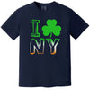 Navy I Shamrock NY St. Patrick’s Day t-shirt flat lay with iconic New York design and shamrock replacing the heart