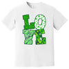 White St. Patrick’s Day LOVE t-shirt flat lay highlighting bold green patterned letters for a clean holiday look
