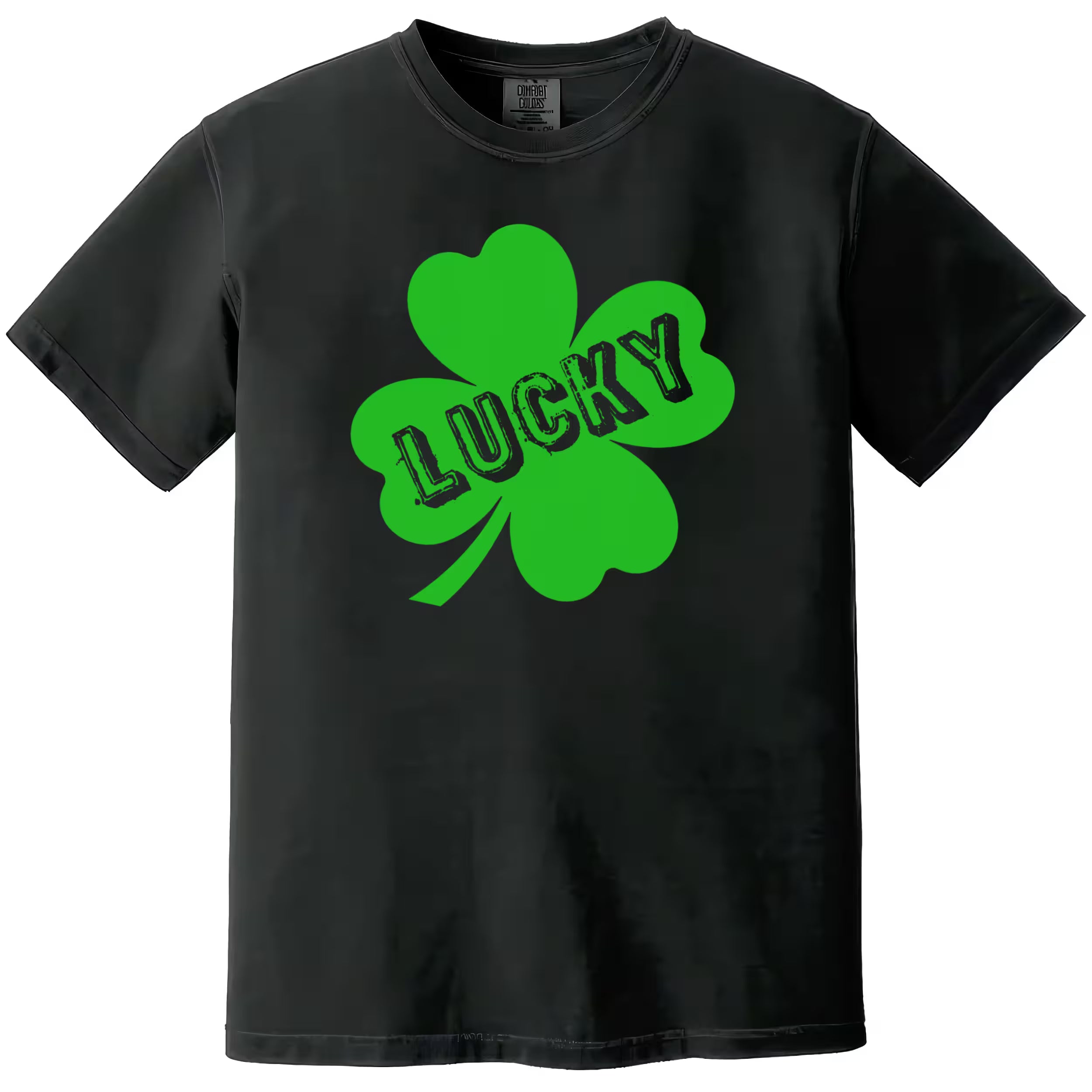 Black St. Patrick’s Day Lucky t-shirt flat lay featuring a large four-leaf clover and distressed “Lucky” lettering