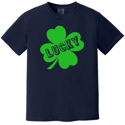 Navy Lucky t-shirt flat lay with festive four-leaf clover graphic and distressed lettering, perfect for St. Patrick’s Day fun