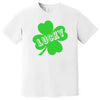 White St. Patrick’s Day Lucky t-shirt flat lay with bold clover graphic and cut-out style “Lucky” lettering for festive style