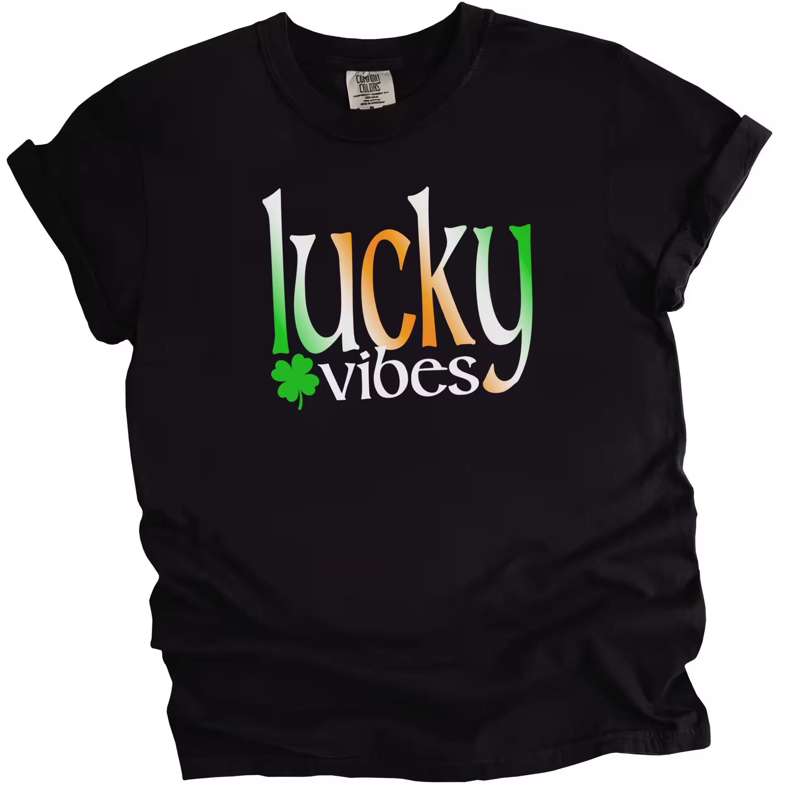 Black St. Patrick’s Day Lucky Vibes t-shirt flat lay highlighting green, white, and orange gradient lettering with festive shamrock detail