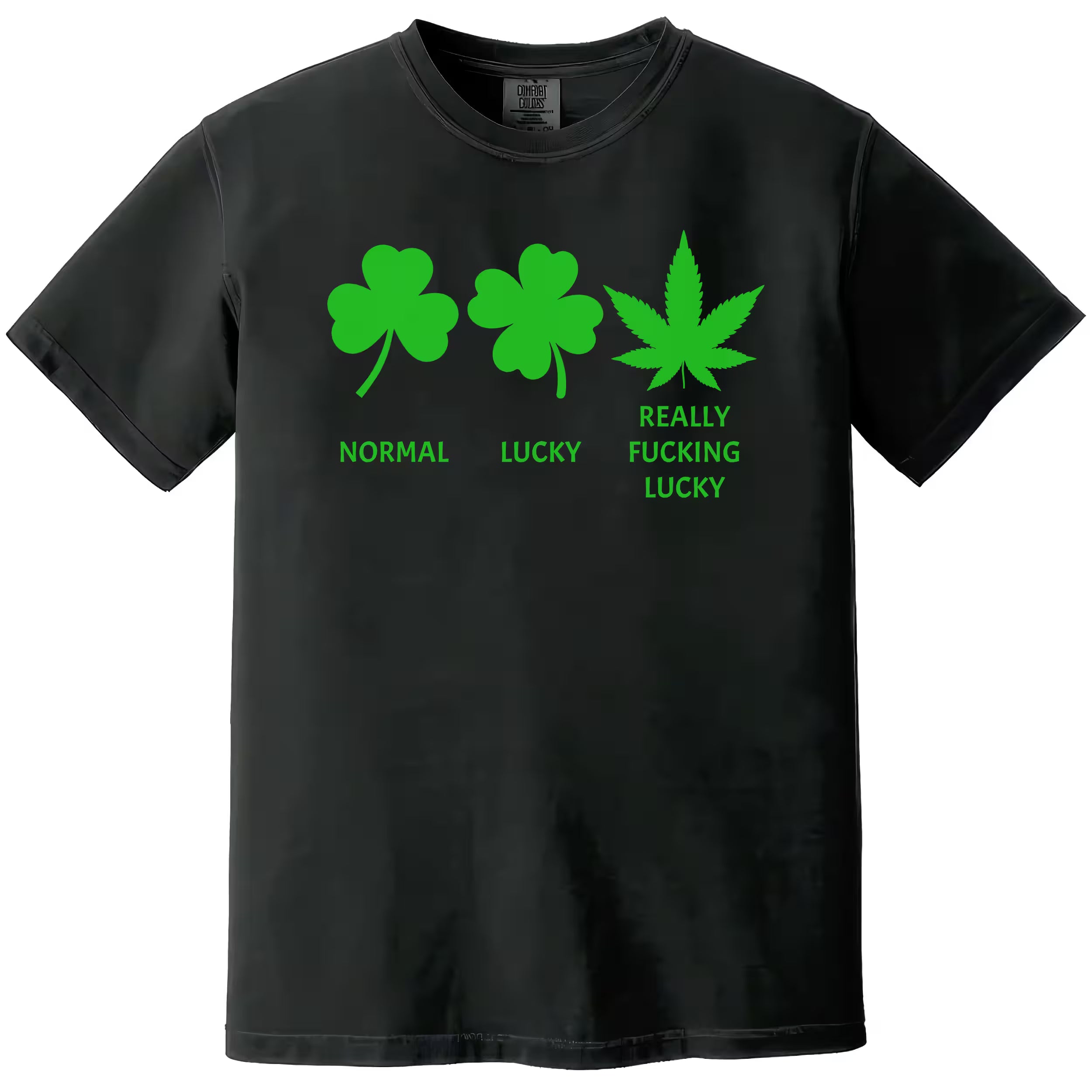 Black St. Patrick’s Day “Really Fucking Lucky” t-shirt flat lay with bold icon design showing shamrock, clover, and cannabis leaf