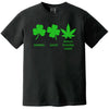 Black St. Patrick’s Day “Really Fucking Lucky” t-shirt flat lay with bold icon design showing shamrock, clover, and cannabis leaf