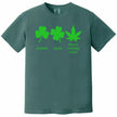 Green “Normal Lucky Really Fucking Lucky” weed leaf t-shirt flat lay showcasing St. Patrick’s Day icons and humorous pun wording