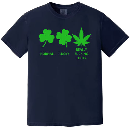 Navy St. Patrick’s Day “Normal Lucky Really Fucking Lucky” t-shirt flat lay featuring shamrock, clover, and weed leaf icons