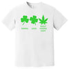 White St. Patrick’s Day luck-themed t-shirt flat lay with shamrock, clover, and weed leaf design in stacked layout