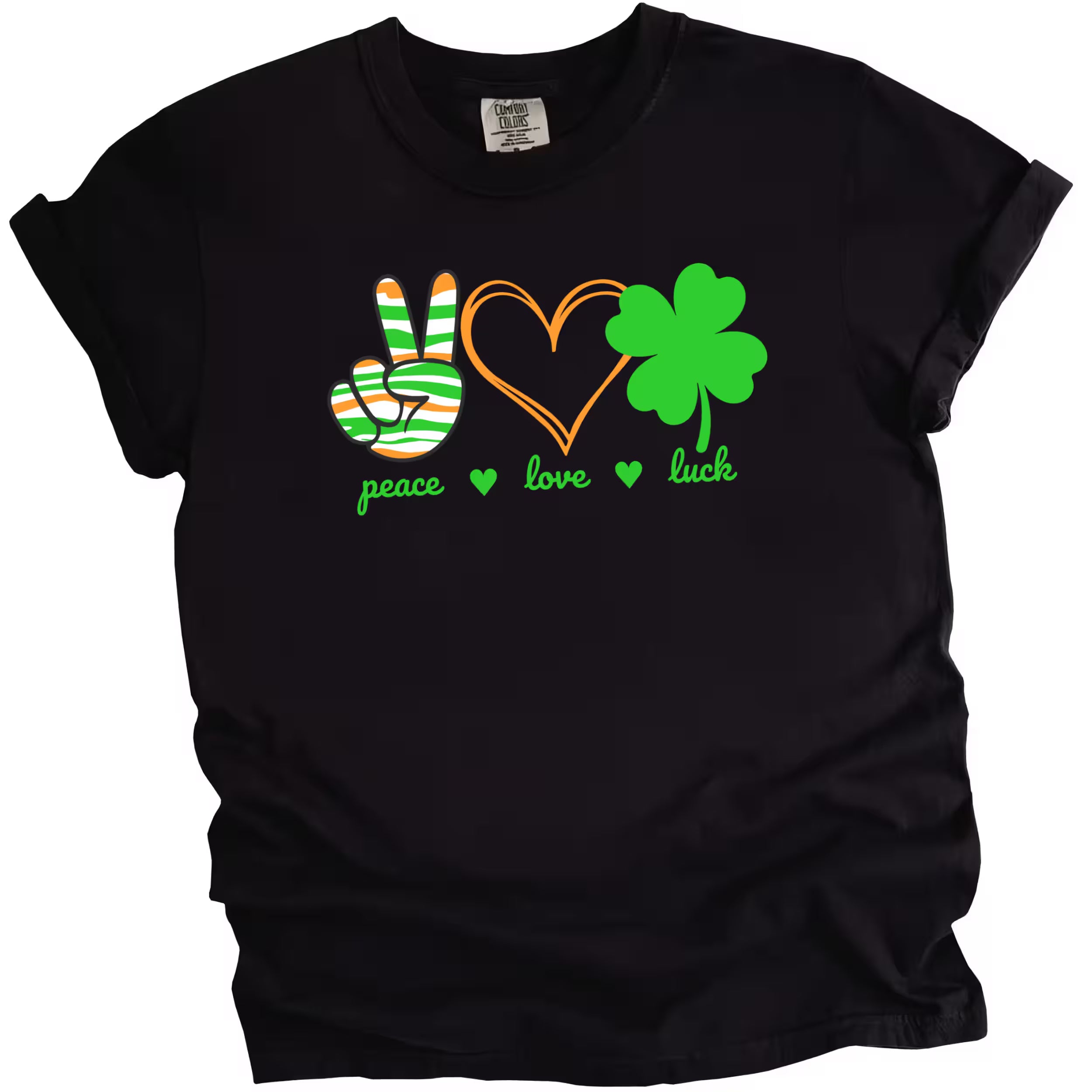 Black St. Patrick’s Day Peace, Love, Luck t-shirt flat lay with bold holiday symbols and festive green and orange lettering