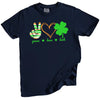 Navy St. Patrick’s Day Peace, Love, Luck t-shirt flat lay showcasing playful holiday symbols and bright lettering
