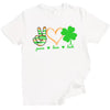White St. Patrick’s Day Peace, Love, Luck t-shirt flat lay featuring vibrant symbols and bold lettering for holiday fun