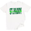 White St. Paddy Baddie t-shirt flat lay highlighting vibrant green lettering and fun mixed-font St. Patrick’s Day design