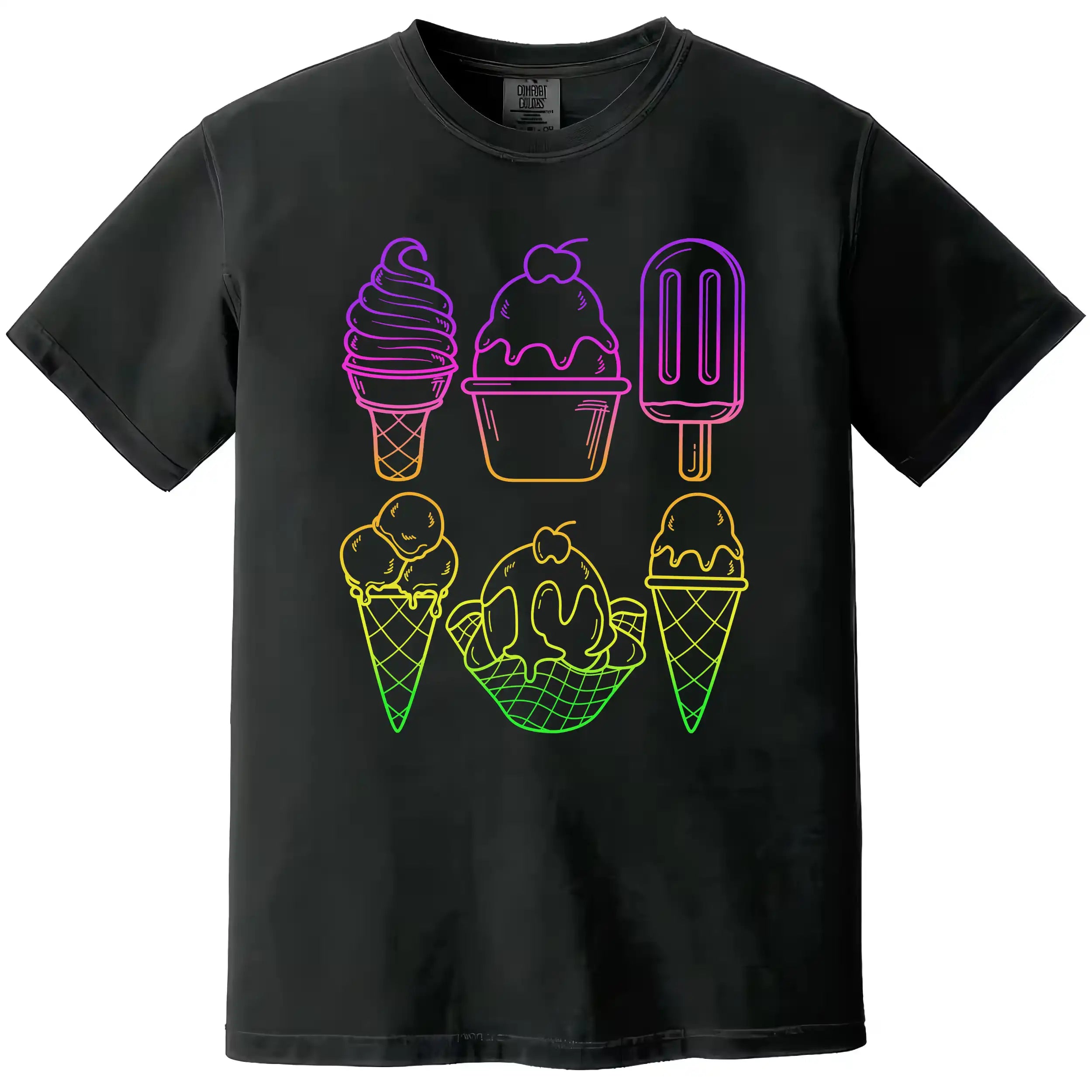 Neon rainbow ice cream t-shirt in black, six popsicles and cones in bold outline design with gradient colors, fun summer graphic tee