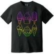 Neon rainbow ice cream t-shirt in black, six popsicles and cones in bold outline design with gradient colors, fun summer graphic tee