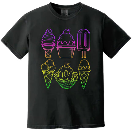 Neon rainbow ice cream t-shirt in black, six popsicles and cones in bold outline design with gradient colors, fun summer graphic tee