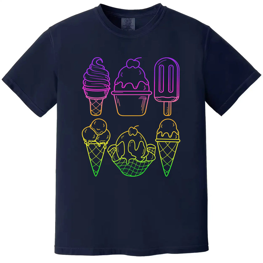 Summer ice cream graphic tee in navy, neon rainbow popsicle and cone design with thick outline and vibrant gradient fill.