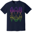 Summer ice cream graphic tee in navy, neon rainbow popsicle and cone design with thick outline and vibrant gradient fill.