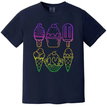 Summer ice cream graphic tee in navy, neon rainbow popsicle and cone design with thick outline and vibrant gradient fill.