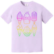 Neon rainbow dessert t-shirt in purple, ice cream and popsicle designs in bold outlined gradient style, fun summer graphic tee.