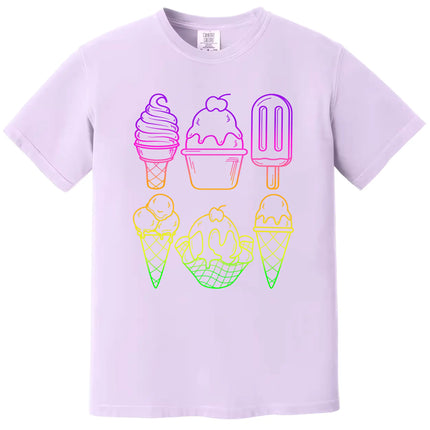 Neon rainbow dessert t-shirt in purple, ice cream and popsicle designs in bold outlined gradient style, fun summer graphic tee.