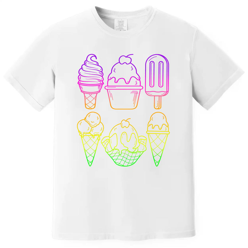 Cute neon ice cream shirt in white, six colorful popsicles and cones in rainbow gradient outline style, summer vacation tee.