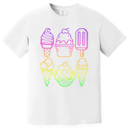 Cute neon ice cream shirt in white, six colorful popsicles and cones in rainbow gradient outline style, summer vacation tee.