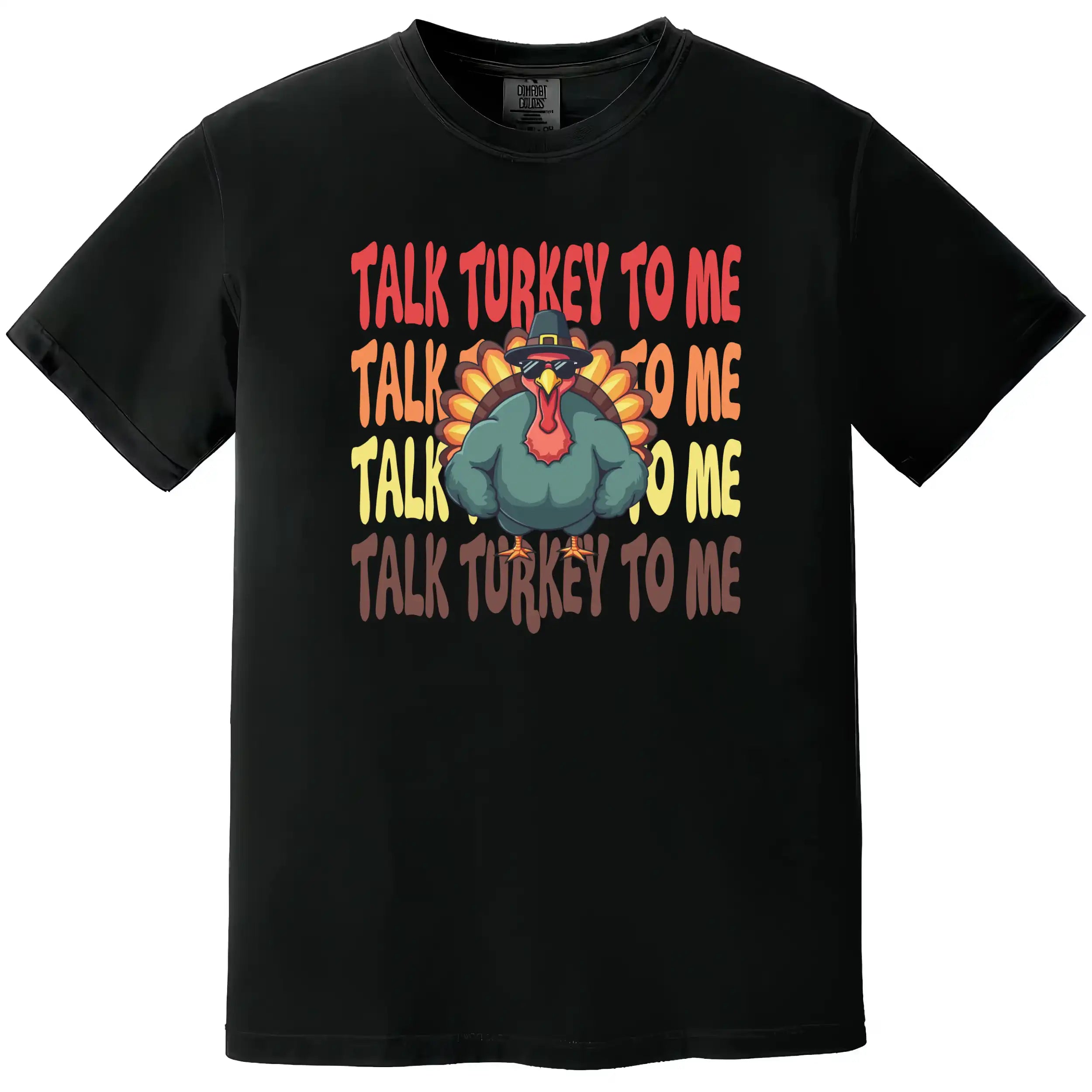 Black Thanksgiving graphic t-shirt featuring ‘Talk Turkey to Me’ text with a cool turkey wearing sunglasses and muscular arms cartoon design for festive holiday wear.