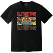 Black Thanksgiving graphic t-shirt featuring ‘Talk Turkey to Me’ text with a cool turkey wearing sunglasses and muscular arms cartoon design for festive holiday wear.
