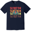 Navy blue Thanksgiving graphic tee with ‘Talk Turkey to Me’ slogan and sunglasses-wearing turkey illustration in a bold cartoon style holiday design.