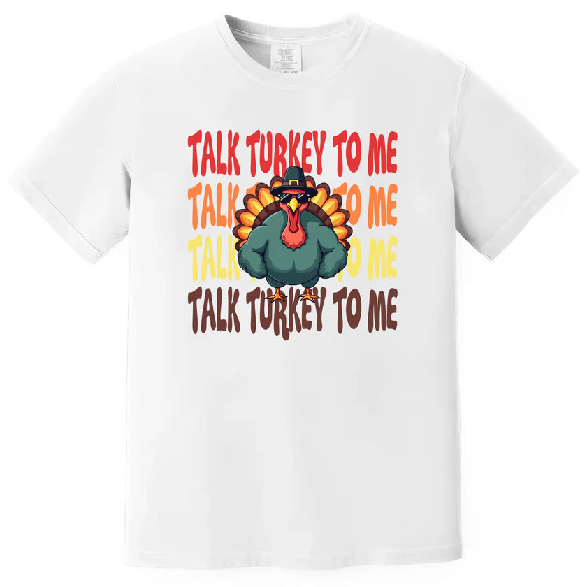 White Thanksgiving t-shirt featuring ‘Talk Turkey to Me’ humorous turkey graphic with sunglasses and confident pose, fun holiday themed apparel design.