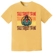Yellow Thanksgiving graphic tee with ‘Talk Turkey to Me’ design featuring cool turkey wearing sunglasses and big muscle arms illustration for holiday season wear.