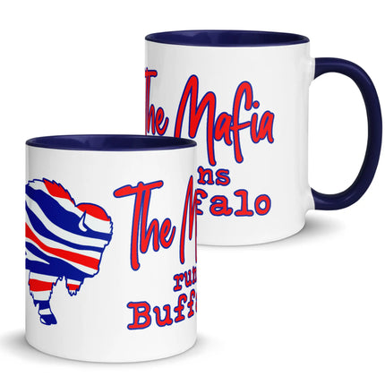 Two white coffee mugs featuring ‘The Mafia Runs Buffalo’ Buffalo football design with red white and blue team colors buffalo silhouette graphic and bold sports lettering.
