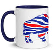 Left side view of white Buffalo football coffee mug showing continuation of Buffalo football themed design with team colors and buffalo silhouette graphic.
