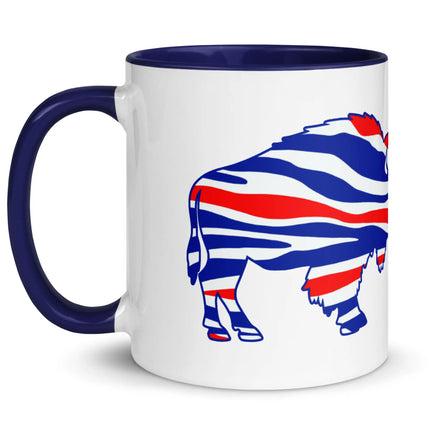 Left side view of white Buffalo football coffee mug showing continuation of Buffalo football themed design with team colors and buffalo silhouette graphic.