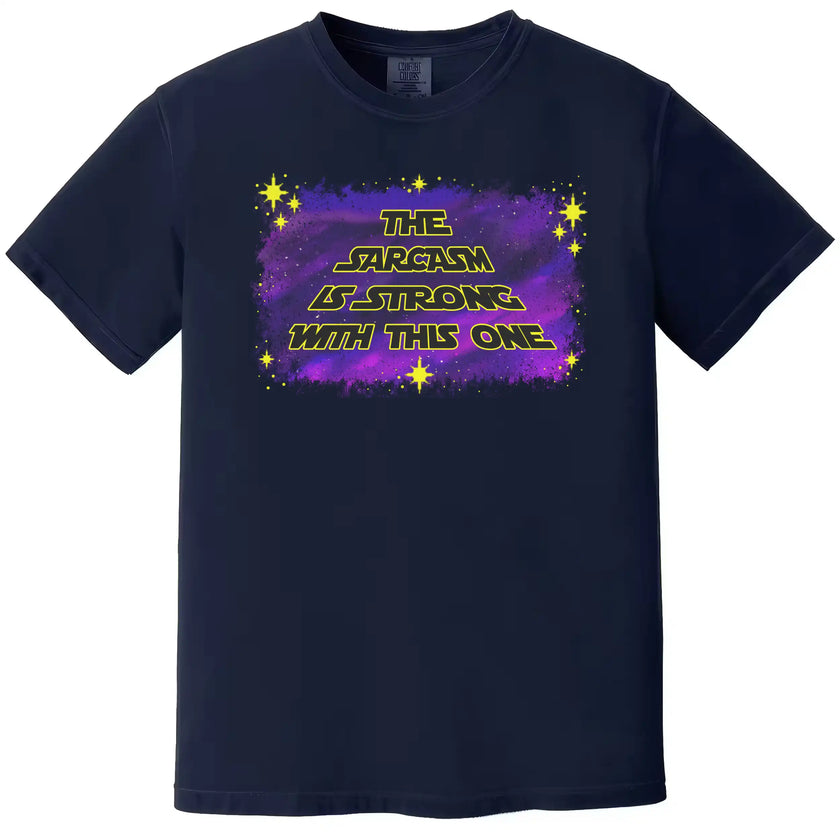 Sarcastic galaxy graphic tee in navy, bold yellow text with purple and blue space background and star details, funny humor shirt.