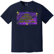 Sarcastic galaxy graphic tee in navy, bold yellow text with purple and blue space background and star details, funny humor shirt.