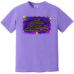 Galaxy sarcasm t-shirt in purple, bold yellow outlined lettering with blue space background and starburst details, funny graphic tee.