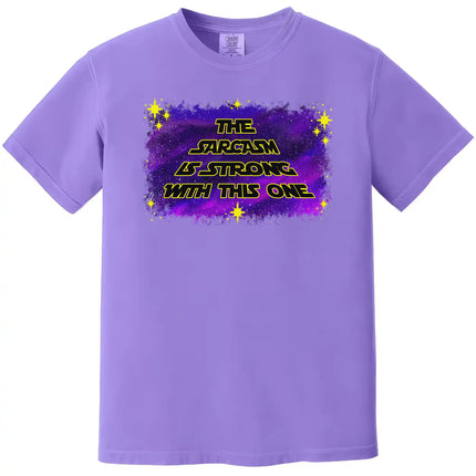 Galaxy sarcasm t-shirt in purple, bold yellow outlined lettering with blue space background and starburst details, funny graphic tee.