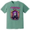 Cute dark humor tee in green, grim reaper in castle window with hearts and ‘Thinking of You’ text, quirky romantic design
