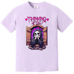 'Thinking of You’ shirt in light purple, adorable grim reaper with hearts in castle window, playful spooky cute graphic tee.