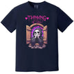 Dark humor graphic tee in navy, cute grim reaper leaning from castle window with hearts, ‘Thinking of You’ design.