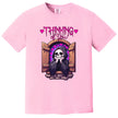 Cute grim reaper graphic tee in pink, castle window scene with hearts and ‘Thinking of You’ text, soft dark humor shirt.