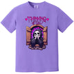 Grim reaper graphic t-shirt in purple, castle window scene with hearts and ‘Thinking of You’ text, cute sarcastic style.