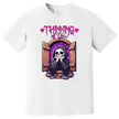 Cute ‘Thinking of You’ t-shirt in white, grim reaper with hearts leaning from castle window, soft spooky romantic graphic tee.