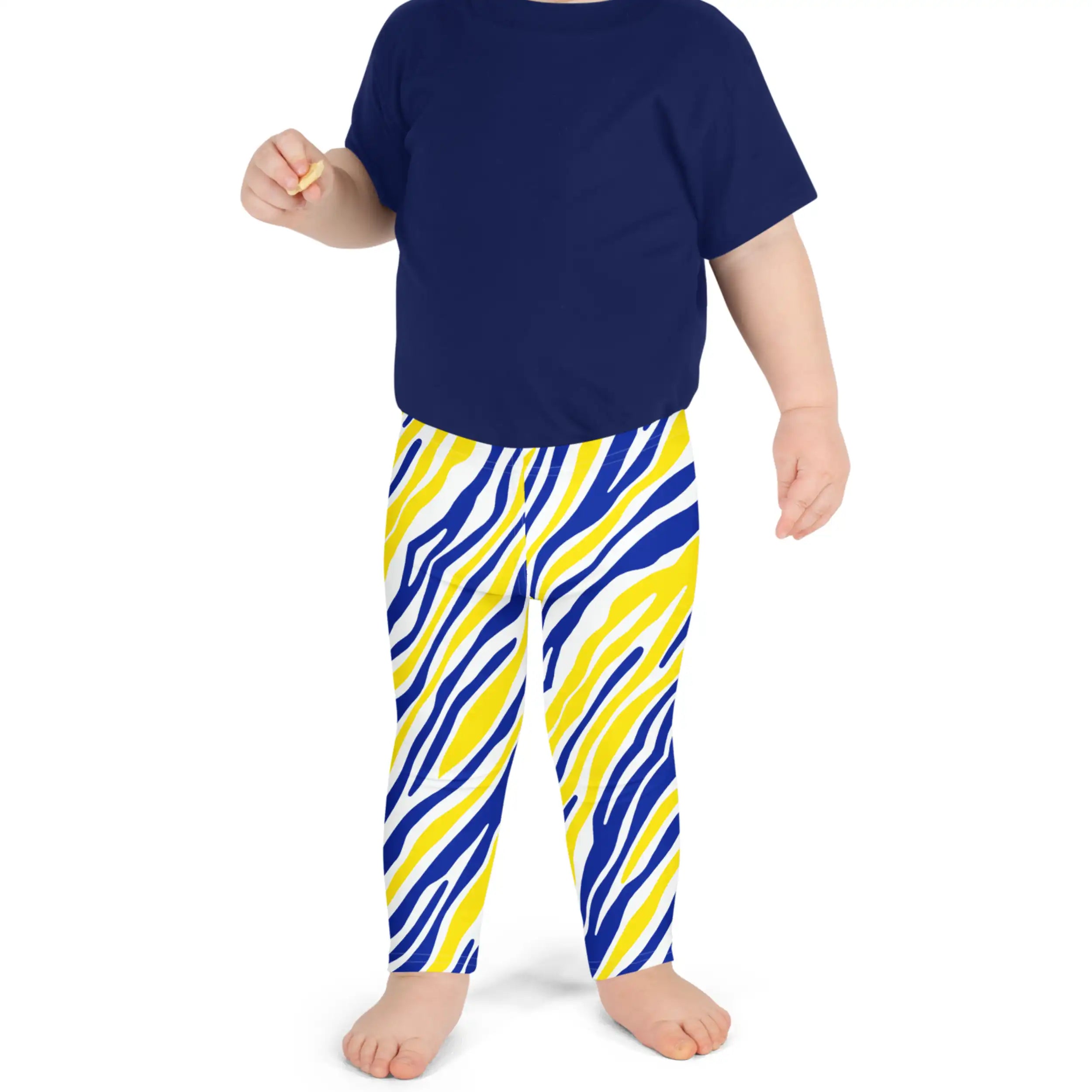 Little kid and toddler Buffalo hockey leggings featuring bold blue and gold stripes with signature Buffalo silhouettes, colorful fan apparel for sizes 2T through 7.